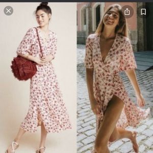 NWT Anthropologie Faithfull The Brand Rivera Wrap Midi Dress large cream pink